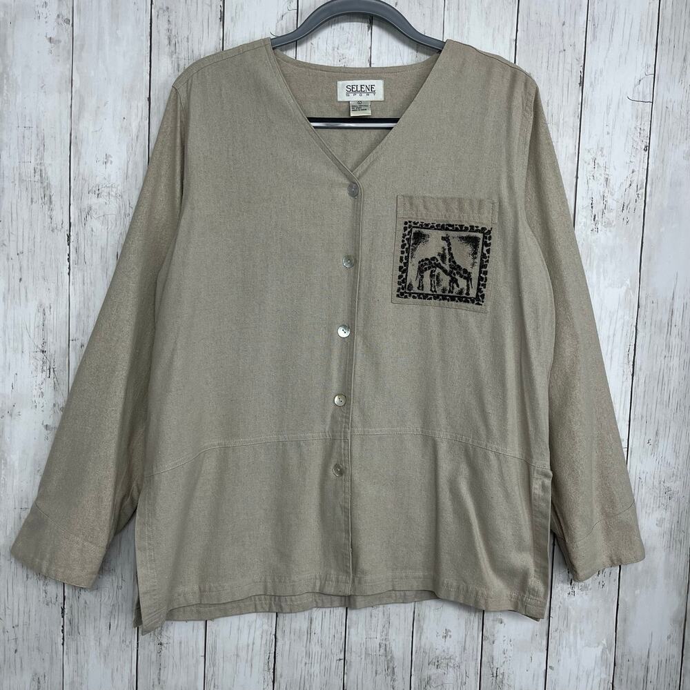 Vintage Selene Sport Silk Button Up Shirt Large Brown Giraffe Print Neutral Boho